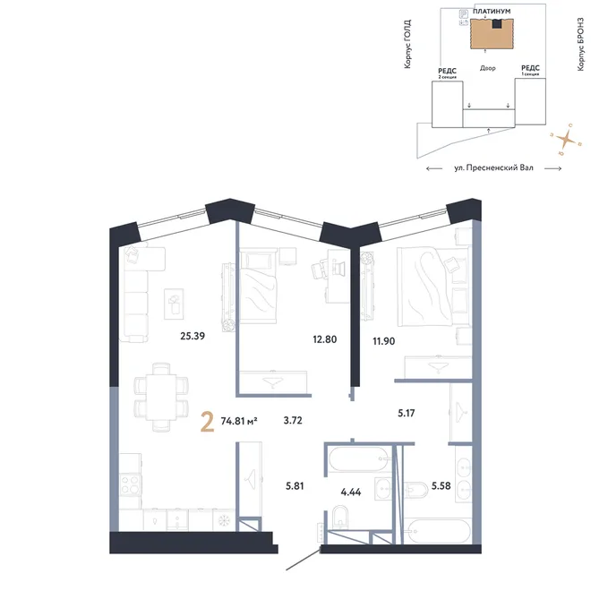Планировка 2-комн. квартира, 74.81 м² ЖК «Репаблик» Планировка 2-комн. квартира, 74.81 м² ЖК «Репаблик»