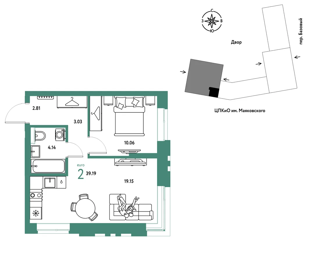Планировка 2-комн. квартира, 39.19 м² ЖК «Сибирский сад»