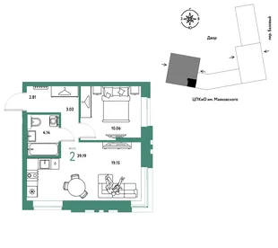 Планировка 2-комн. квартира, 39.19 м² ЖК «Сибирский сад»