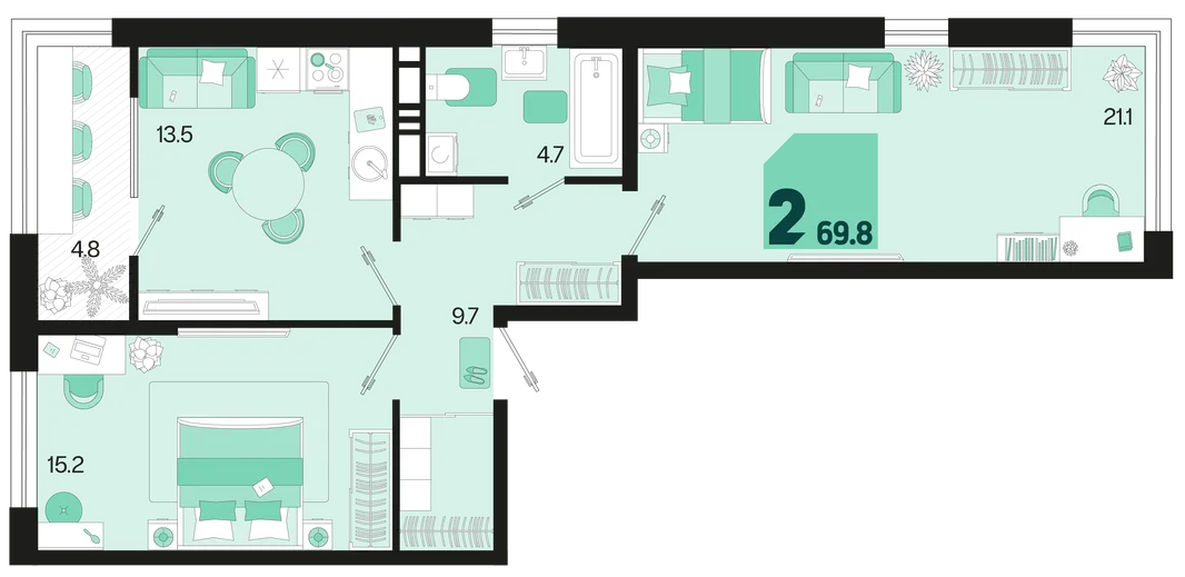 Планировка 2-комн. квартира, 69 м² ЖК «Первое место»