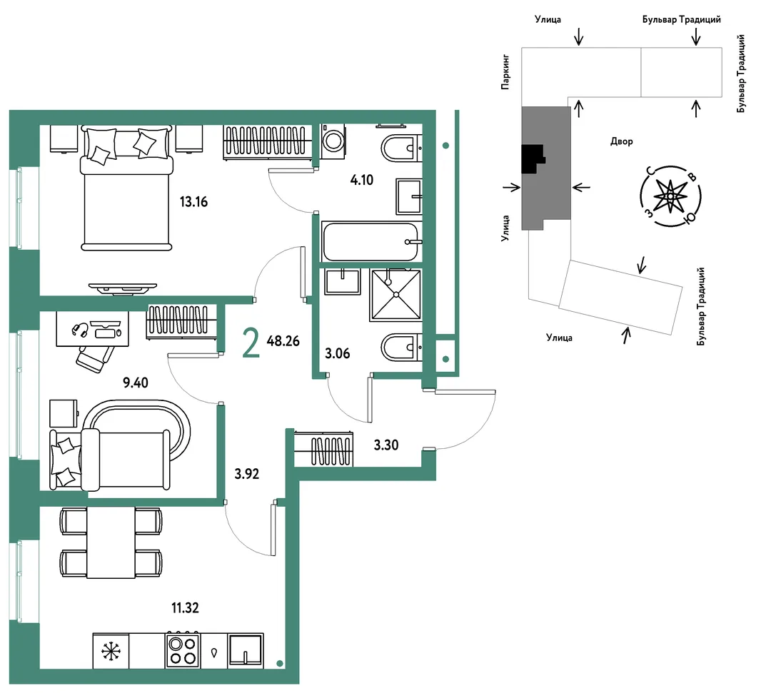 Планировка 2-комн. квартира, 48.26 м² ЖК «Микрорайон Домашний»