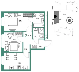 Планировка 2-комн. квартира, 48.26 м² ЖК «Микрорайон Домашний»