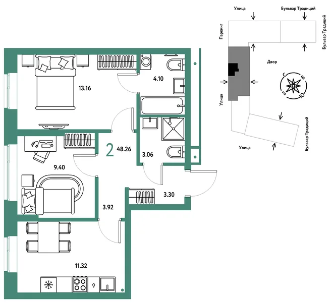 Планировка 2-комн. квартира, 48.26 м² ЖК «Микрорайон Домашний» Планировка 2-комн. квартира, 48.26 м² ЖК «Микрорайон Домашний»