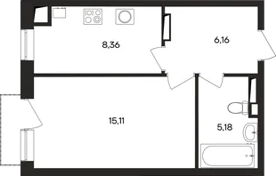 Планировка 1-комн. квартира, 36.4 м² ЖК «Кубики»