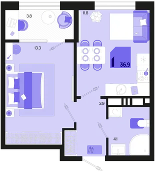 Планировка 1-комн. квартира, 36.9 м² ЖК «Первое место»