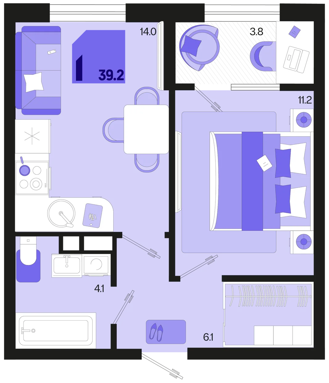 Планировка 1-комн. квартира, 39.2 м² ЖК «Первое место»