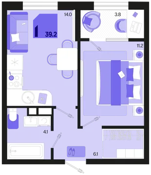 Планировка 1-комн. квартира, 39.2 м² ЖК «Первое место»