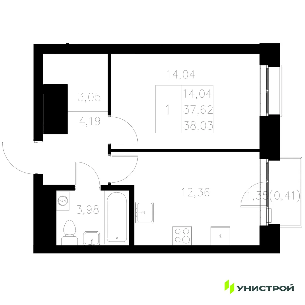 Планировка 1-комн. квартира, 38.03 м² ЖК «Statum»