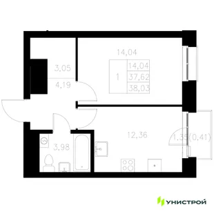 Планировка 1-комн. квартира, 38.03 м² ЖК «Statum»