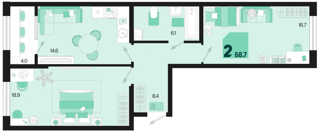 Планировка 2-комн. квартира, 68.7 м² ЖК «Первое место»