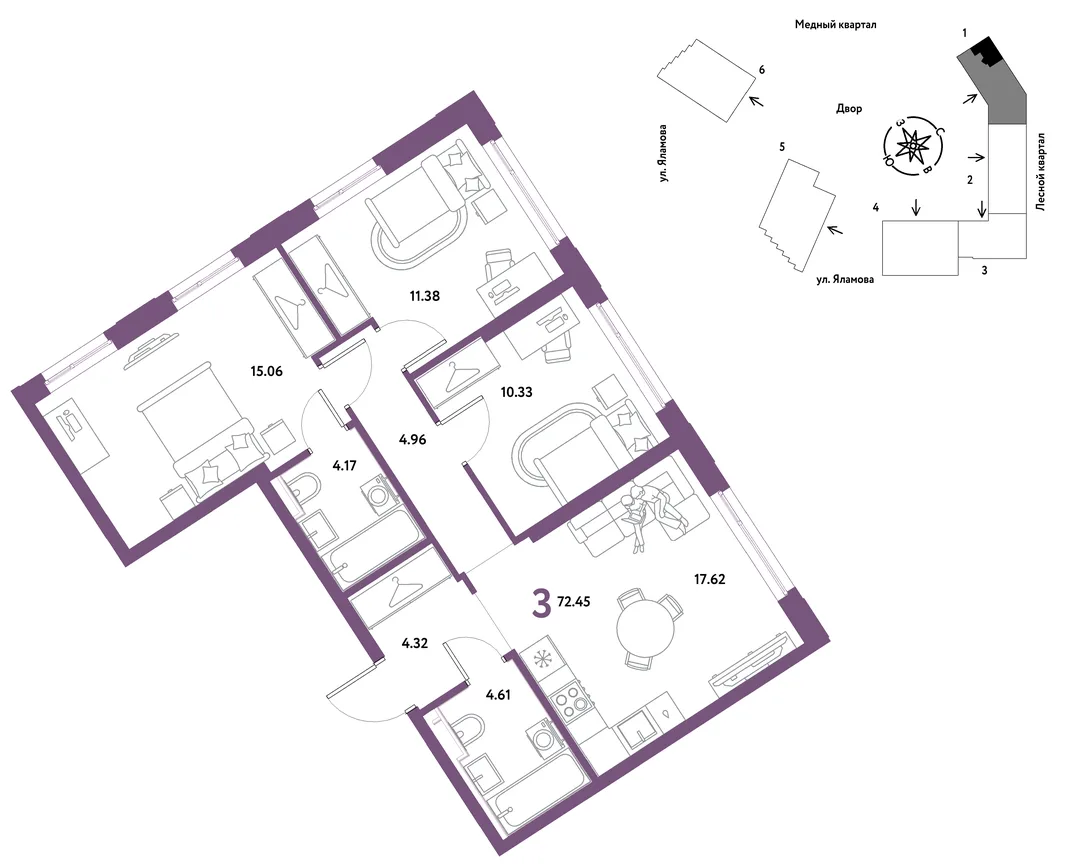 Планировка 3-комн. квартира, 72.45 м² ЖК «Сибирский сад»