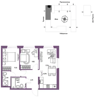 Планировка 3-комн. квартира, 52.94 м² ЖК «Европейский берег 2.0»