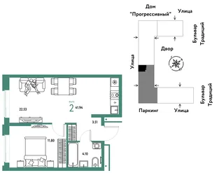 Планировка 2-комн. квартира, 41.94 м² ЖК «Микрорайон Домашний»