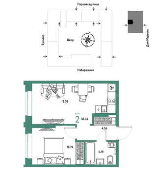 Планировка 2-комн. квартира, 38.04 м² ЖК «Европейский берег 2.0»