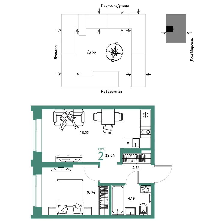 Планировка 2-комн. квартира, 38.04 м² ЖК «Европейский берег 2.0» Планировка 2-комн. квартира, 38.04 м² ЖК «Европейский берег 2.0»