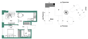 Планировка 2-комн. квартира, 39.4 м² ЖК «Остров-сад»