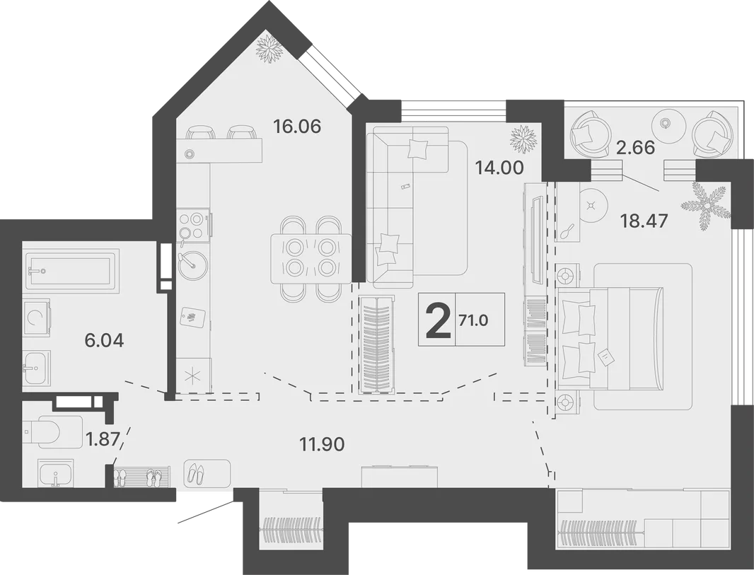 Планировка 2-комн. квартира, 71 м² ЖК «Светский лес»