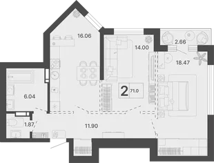 Планировка 2-комн. квартира, 71 м² ЖК «Светский лес»