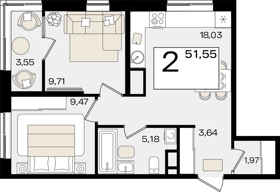 Планировка 2-комн. квартира, 51.55 м² ЖК «Патрики»