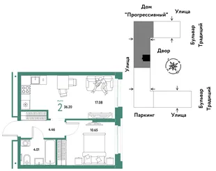 Планировка 2-комн. квартира, 36.2 м² ЖК «Микрорайон Домашний»