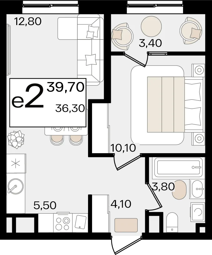 Планировка 2-комн. квартира, 39.7 м² ЖК «Патрики»