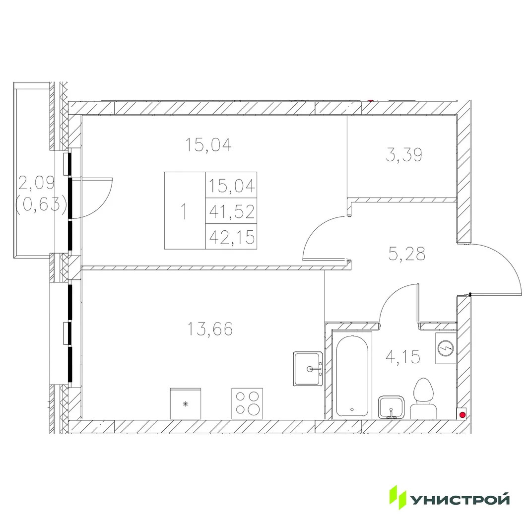 Планировка 1-комн. квартира, 42.15 м² ЖК «Statum»