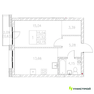 Планировка 1-комн. квартира, 42.15 м² ЖК «Statum»