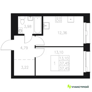 Планировка 1-комн. квартира, 37.45 м² ЖК «Statum»