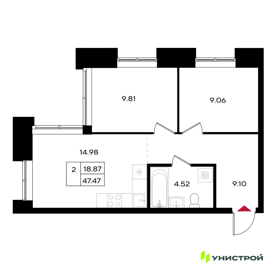 Планировка 2-комн. квартира, 47.47 м² ЖК «Уникум на Энгельса»