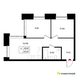 Планировка 2-комн. квартира, 47.47 м² ЖК «Уникум на Энгельса»