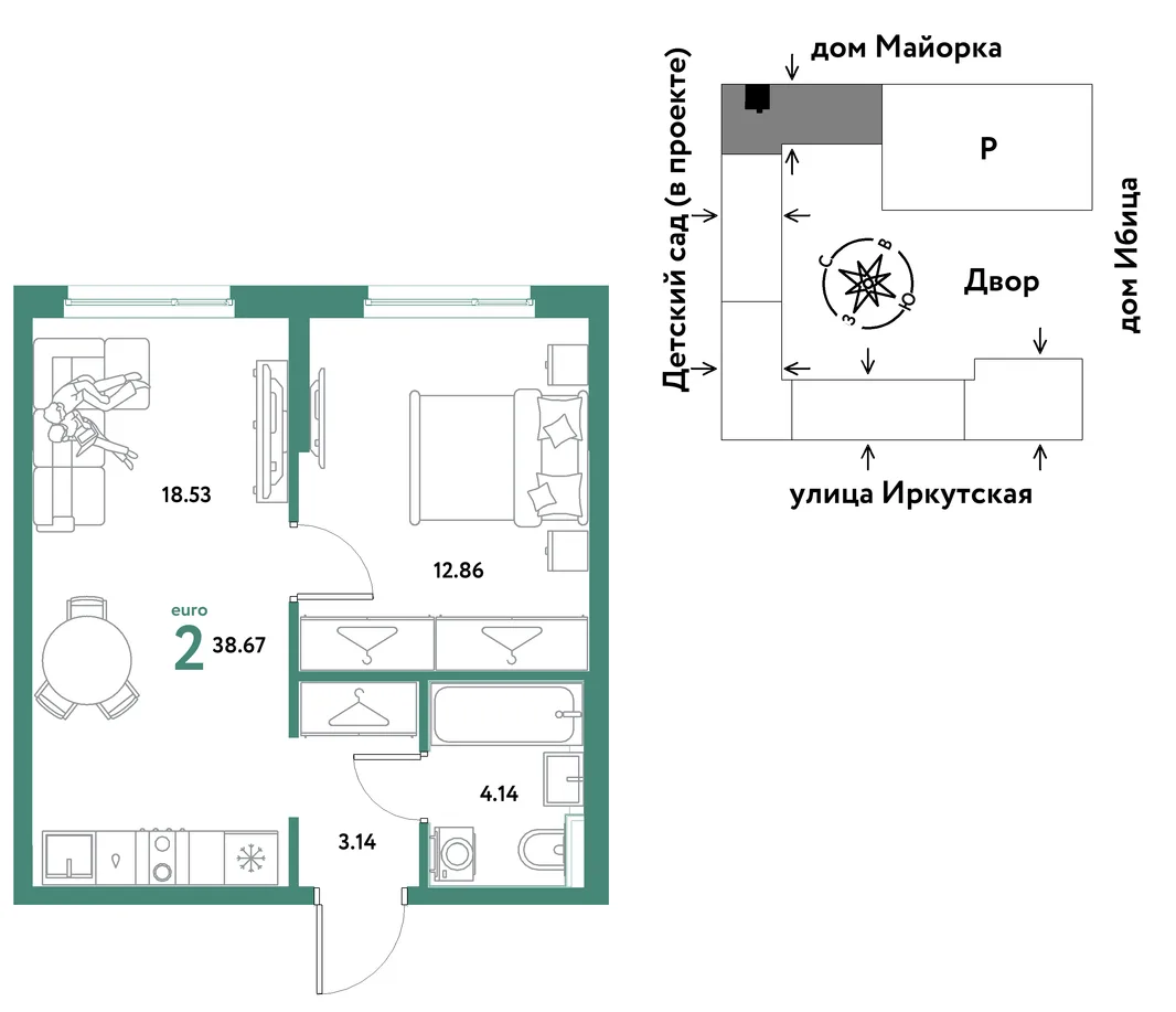 Планировка 2-комн. квартира, 38.67 м² ЖК «Остров-сад»