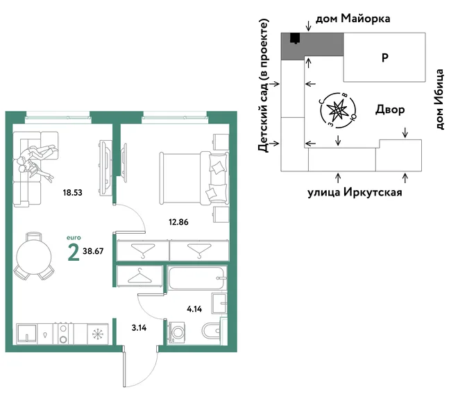 Планировка 2-комн. квартира, 38.67 м² ЖК «Остров-сад» Планировка 2-комн. квартира, 38.67 м² ЖК «Остров-сад»