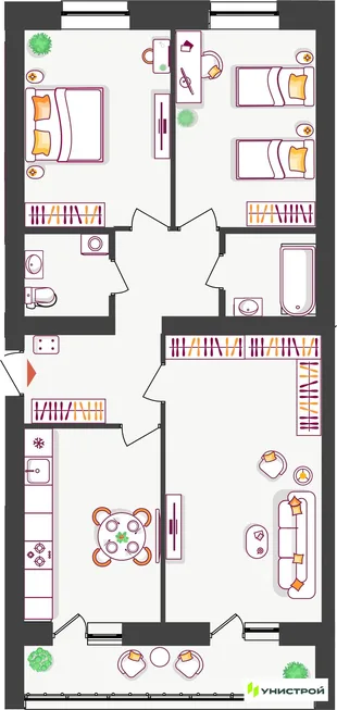 Планировка 3-комн. квартира, 80.11 м² ЖК «Южный бульвар 2»