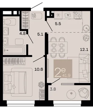 Планировка 2-комн. квартира, 41.9 м² ЖК «Хозяин морей»