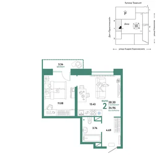 Планировка 2-комн. квартира, 38.3 м² ЖК «Микрорайон Домашний»