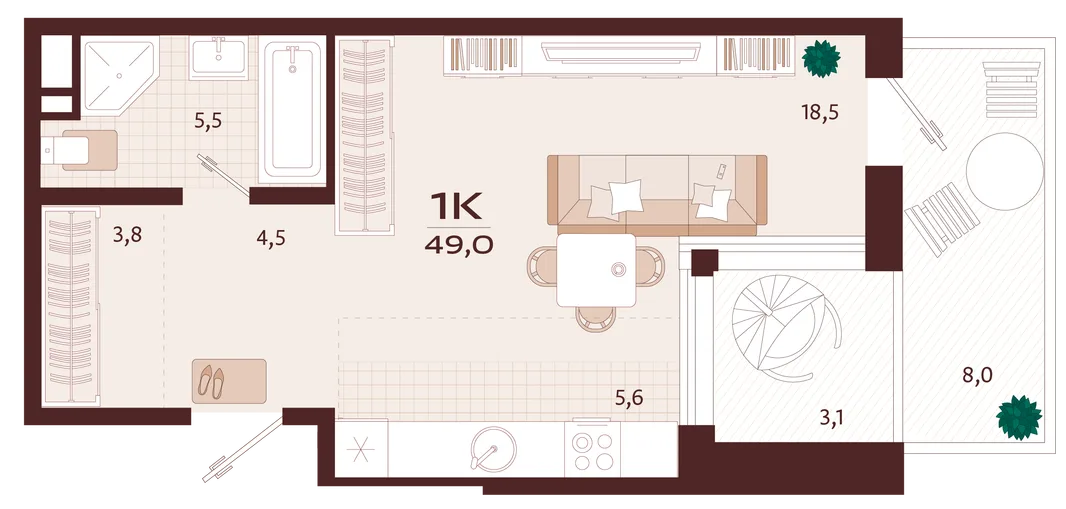 Планировка 1-комн. квартира, 49 м² ЖК «Роялта»