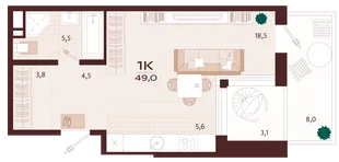 Планировка 1-комн. квартира, 49 м² ЖК «Роялта»