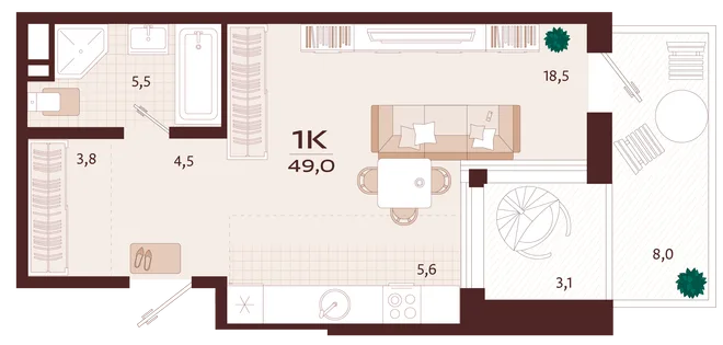 Планировка 1-комн. квартира, 49 м² ЖК «Роялта» Планировка 1-комн. квартира, 49 м² ЖК «Роялта»