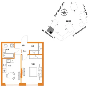Планировка 1-комн. квартира, 37.64 м² ЖК «Страна.Парковая»