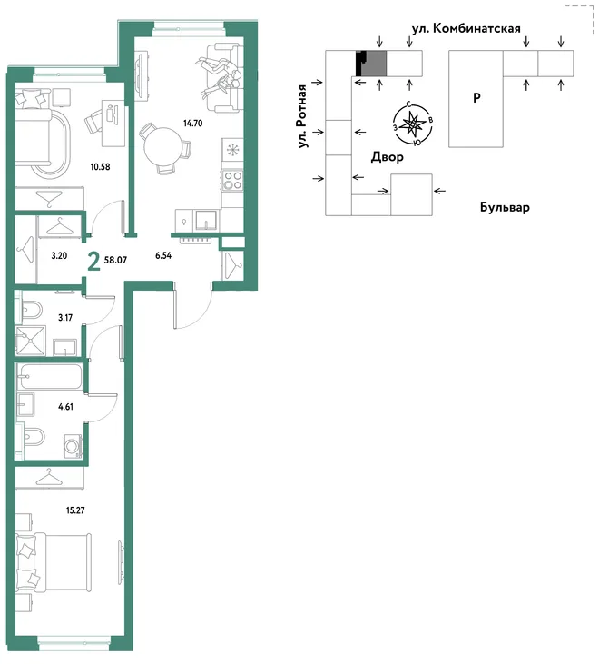 Планировка 2-комн. квартира, 58.07 м² ЖК «Уральский сад»