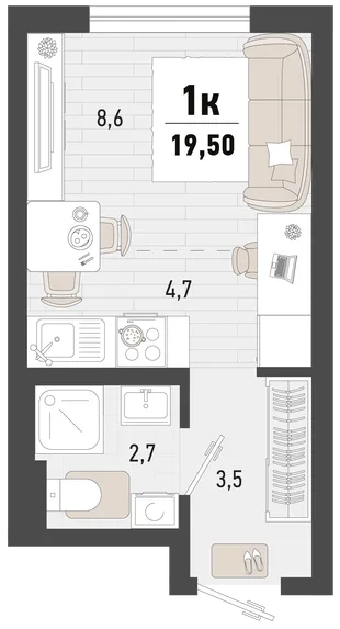 Планировка Студия, 19.5 м² ЖК «Барса»