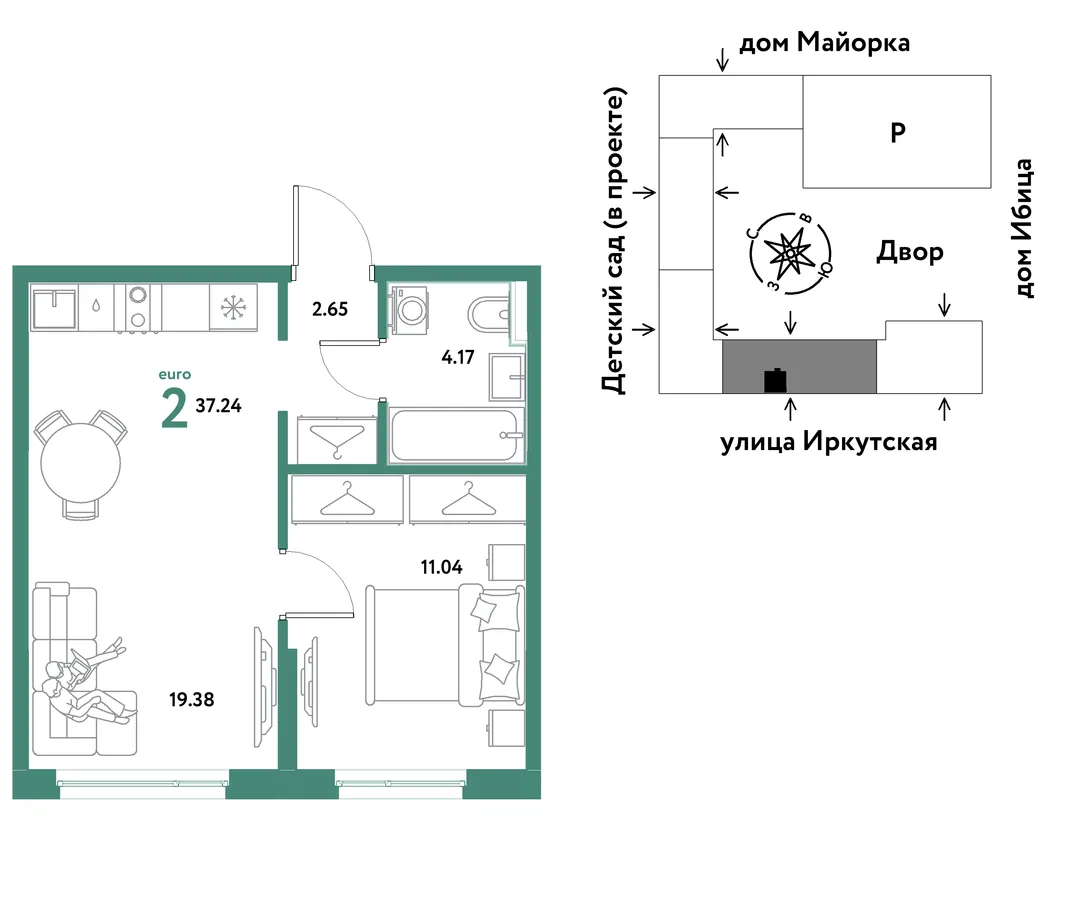 Планировка 2-комн. квартира, 37.24 м² ЖК «Остров-сад»
