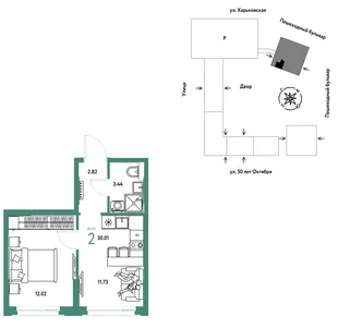Планировка 2-комн. квартира, 30.01 м² ЖК «Сердце Сибири»