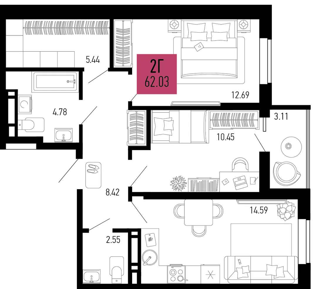 Планировка 2-комн. квартира, 62.03 м² ЖК «Столицыно»