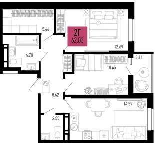 Планировка 2-комн. квартира, 62.03 м² ЖК «Столицыно»