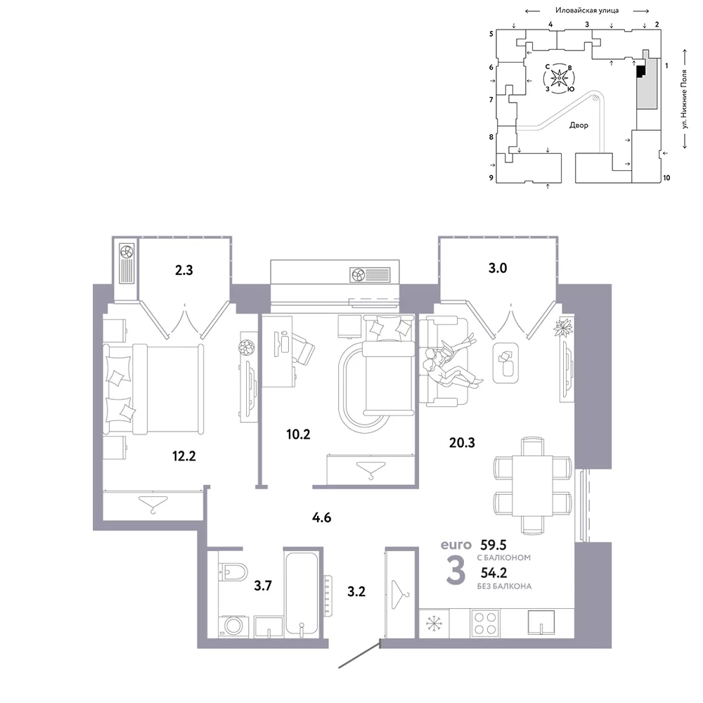 Планировка 3-комн. квартира, 59.5 м² ЖК «Страна.Заречная»