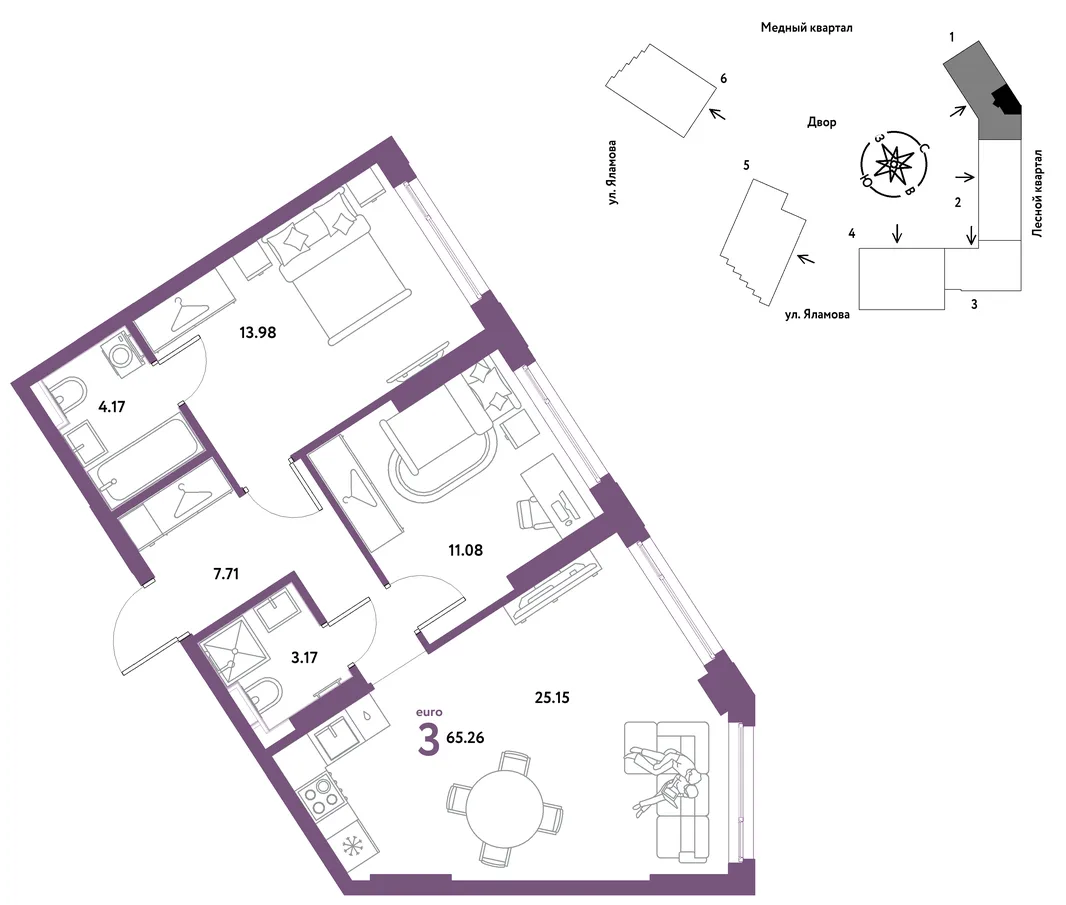 Планировка 3-комн. квартира, 65.26 м² ЖК «Сибирский сад»