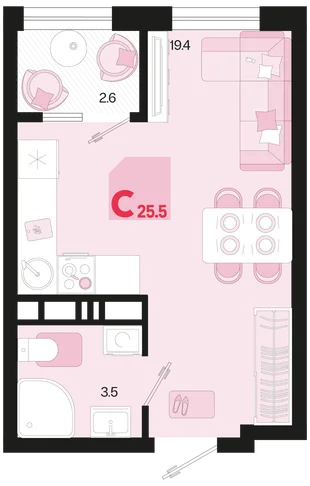 Планировка Студия, 25.5 м² ЖК «Первое место»