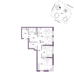 Планировка 3-комн. квартира, 65.41 м² ЖК «Сибирский сад»