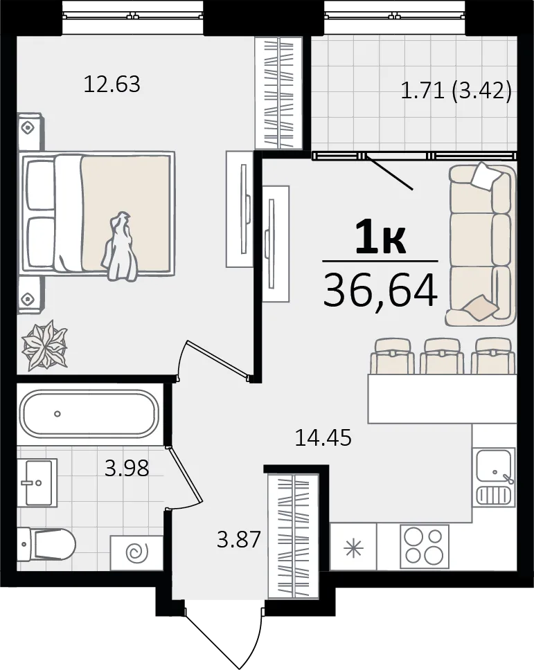 Планировка 1-комн. квартира, 36.64 м² ЖК «Патрики»